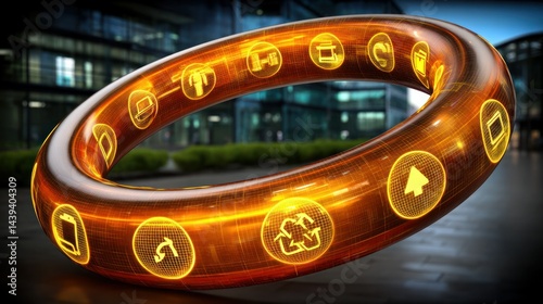 Golden Futuristic Ring with Digital Icons Representing Technology and Connectivity in Modern Urban Setting