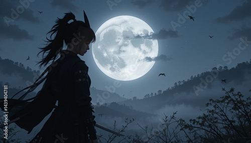 sillhouette of samurai girl look at full moon.