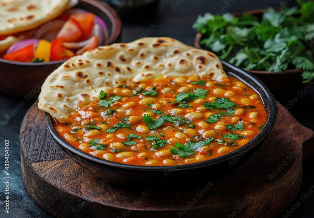 Delicious bowl of chickpea curry served with flatbread, garnished with fresh herbs on wooden table in cozy setting Delicious bowl of chickpea curry served with flatbread, garnished with fresh herbs on wooden table in cozy setting