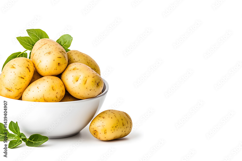 Bowl filled with smooth golden potatoes, isolated on a clean white background