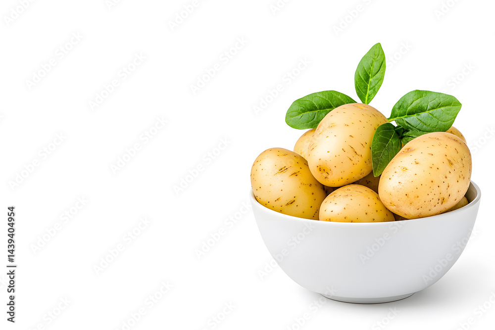 Bowl filled with smooth golden potatoes, isolated on a clean white background