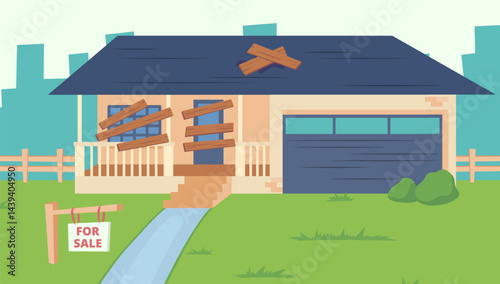 Cartoon Color Abandoned Cottage for Sale on a Landscape Scene Concept. Vector illustration of Old Dilapidated Suburban House