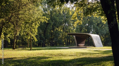 Concrete pavilion nestled within a park's verdant canopy.