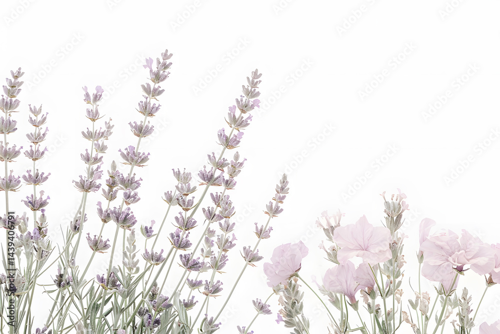 Watercolor lavender blossom border flowers, white background