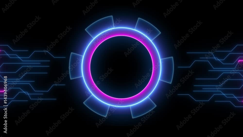 Blue neon glowing holographic HUD circle platform. Futuristic digital technology animated background concept. 4K Intro