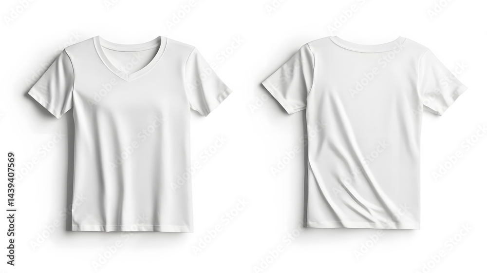 Female white t-shirt template, front and back view isolated on white background, cutout