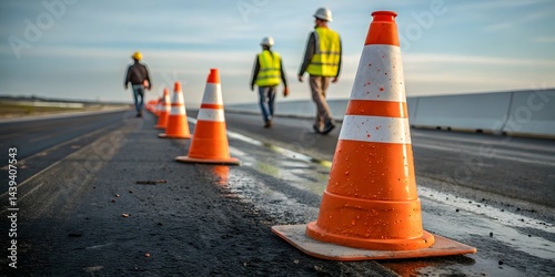 Orange traffic cones create a safety barrier on the asphalt road, warning of construction work ahead