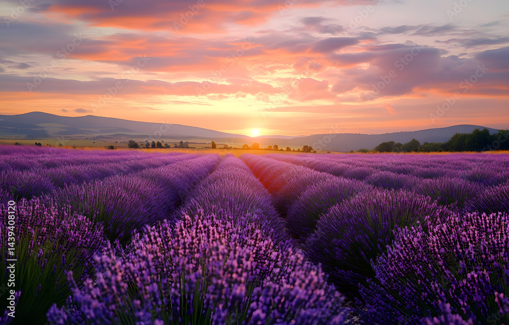 Obraz premium Stunning landscape with lavender field at sunset