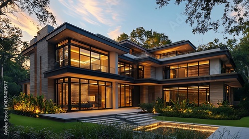 Modern luxury house with large windows and beautiful landscaping at sunset
