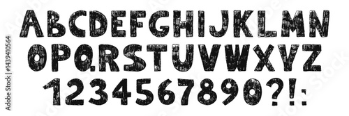 Alphabet hand drawn with childrens crayons pencils with textured effect. Font with letters and numbers. Vector black ABC for educational banners, school, kindergarten
