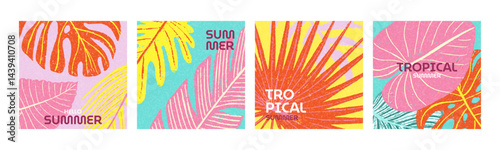 Summer bright cards set with abstract hand drawn crayon tropical leaves. Vector illustration in modern art style design templates for poster, sales