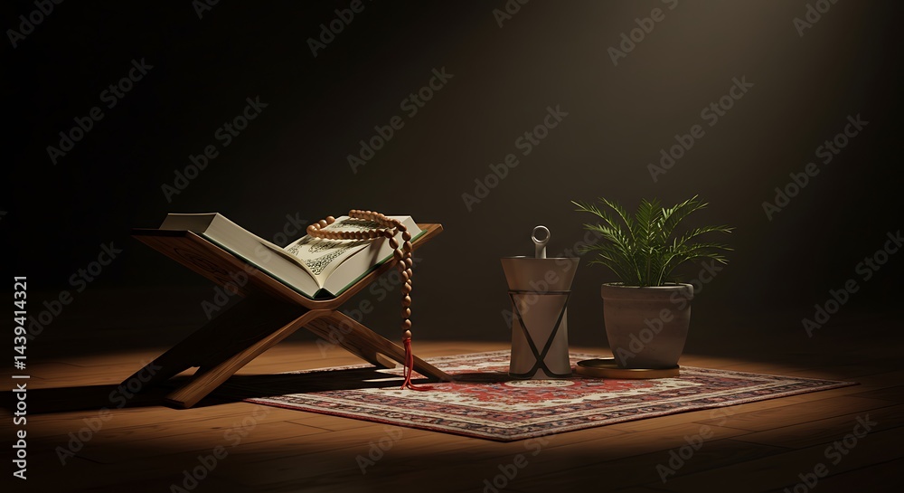 Open Book with Prayer Beads on Stand Still Life Open Book with Prayer Beads on Stand Still Life