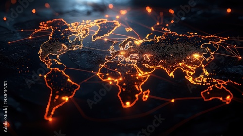 Global network map, glowing world map, dark background, futuristic design