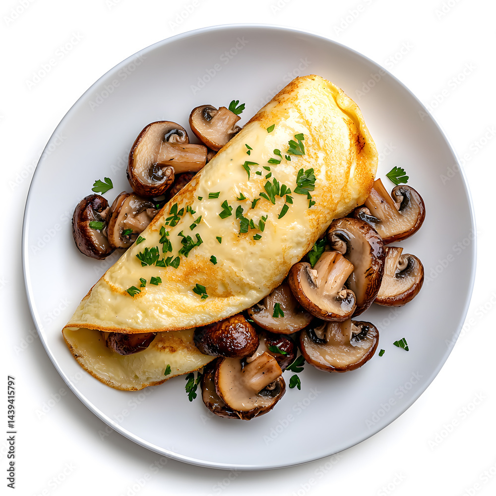 Mushroom omelette on white plate top view, white background