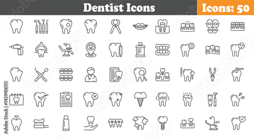 Dentist Icons Set - 50 Dental Line Icons for Clinics, Teeth Care, Oral Hygiene, Braces, and Tooth Implants