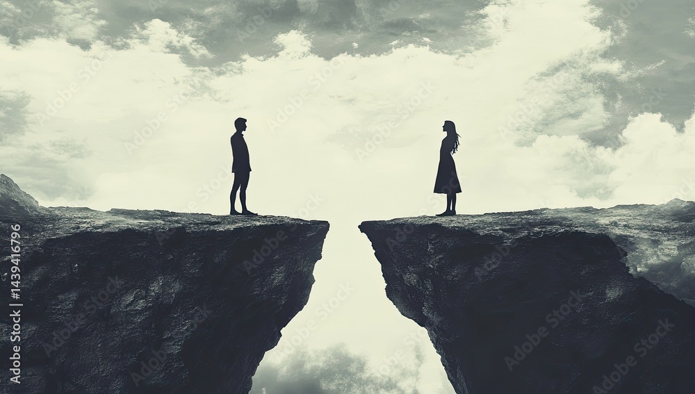 Fototapeta premium Couple separated by chasm, facing apart