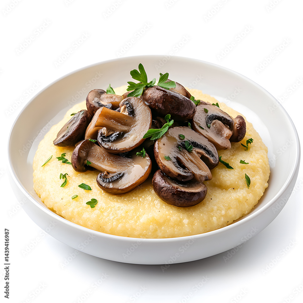 Polenta with mushrooms italian food on plate, isolated on white