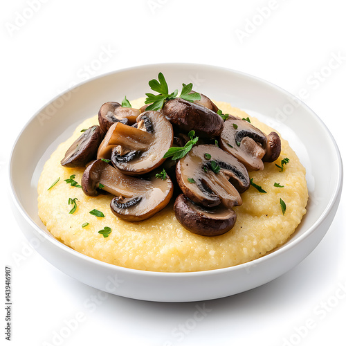 Obraz na płótnie Polenta with mushrooms italian food on plate, isolated on white w salonie