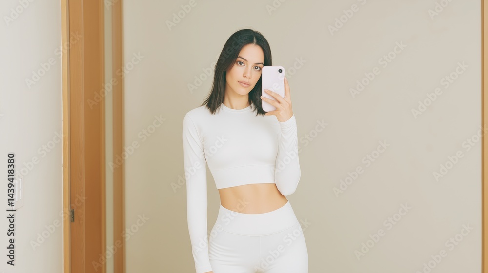 Woman poses in white outfit while taking mirror selfie in a bright, minimalist room.