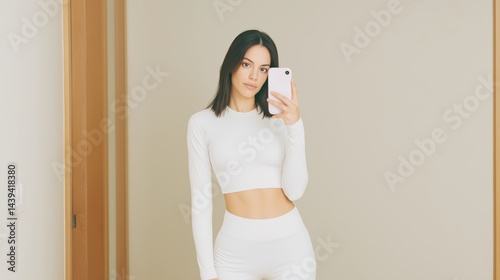 Obraz na płótnie Woman poses in white outfit while taking mirror selfie in a bright, minimalist room. w salonie
