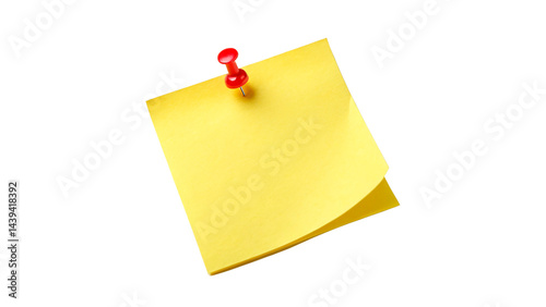 Yellow sticky post it note with red pushpin isolated on transparent background