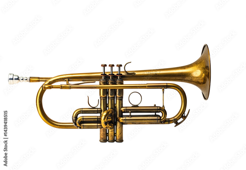 Obraz premium A vintage brass trumpet with its bell open, standing upright on Png Format and Transparent Background