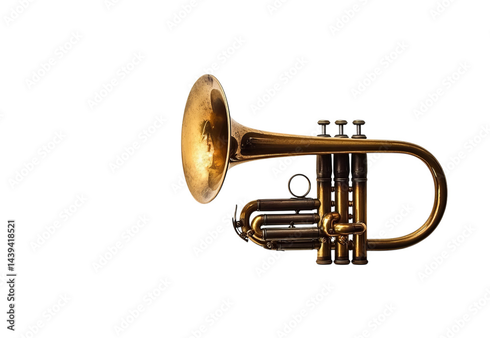 Obraz premium A vintage brass trumpet with its bell open, standing upright on Png Format and Transparent Background