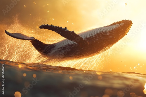 Humpback whale breaching the surface of the ocean with a golden sunset in the background view of the sea
