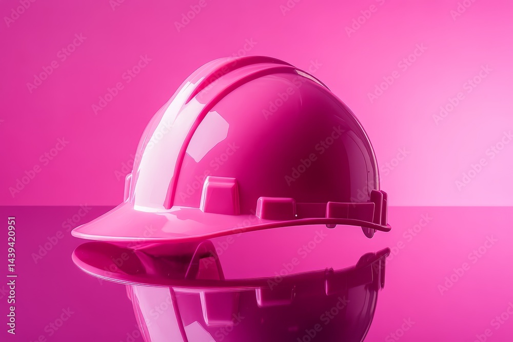 Vivid pink safety helmet on a reflective surface. Vivid pink safety helmet on a reflective surface.