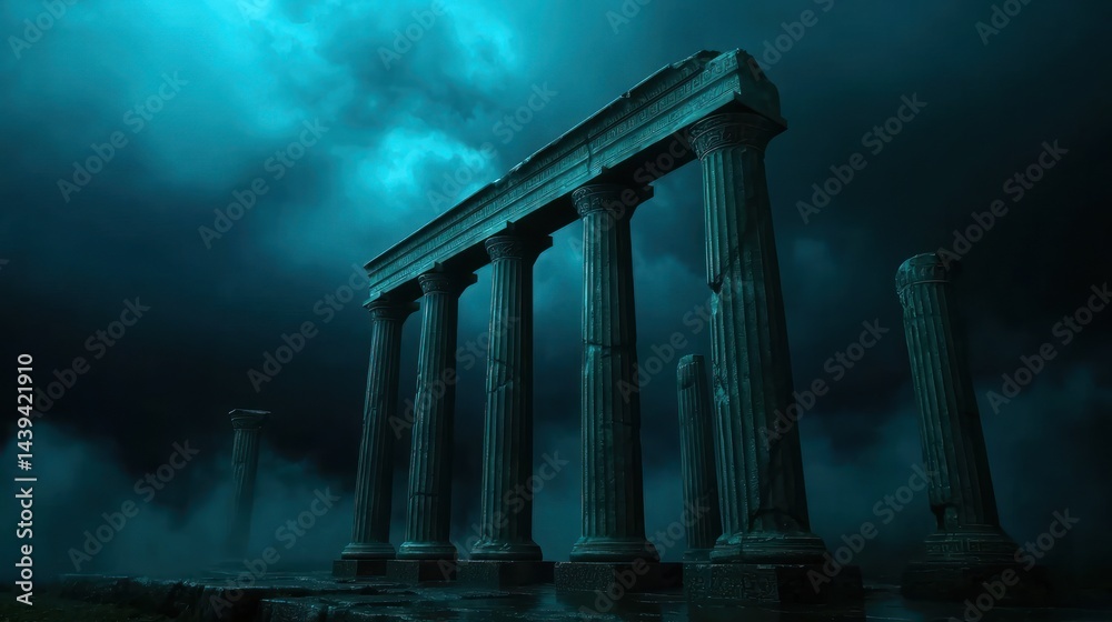 Fototapeta premium Ruined columns under stormy sky, misty ruins