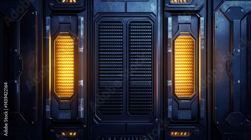 Fototapeta Naklejka Na Ścianę i Meble -  Futuristic metal panel wall with glowing vents