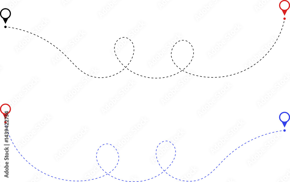 Route icon - two points with dotted path and location pin. Route location icon two pin sign and dotted line. Travel icon. Travel from start point and dotted line tracing. Route icon - two points with dotted path and location pin. Route location icon two pin sign and dotted line. Travel icon. Travel from start point and dotted line tracing.