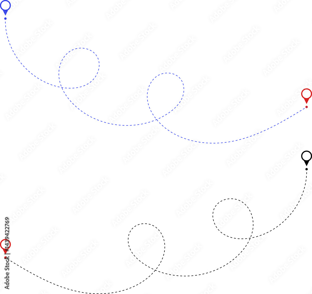 Route icon - two points with dotted path and location pin. Route location icon two pin sign and dotted line. Travel icon. Travel from start point and dotted line tracing. Route icon - two points with dotted path and location pin. Route location icon two pin sign and dotted line. Travel icon. Travel from start point and dotted line tracing.