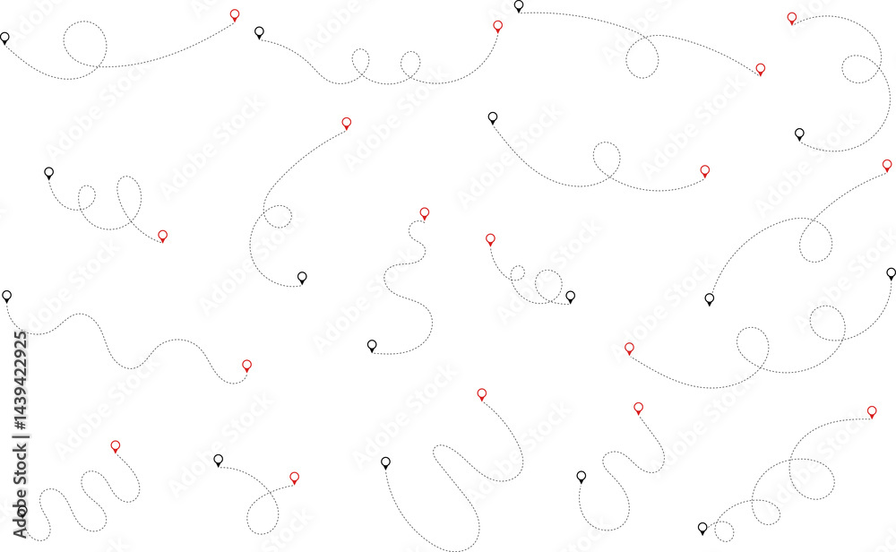 Route icon - two points with dotted path and location pin. Route location icon two pin sign and dotted line. Travel icon. Travel from start point and dotted line tracing. Route icon - two points with dotted path and location pin. Route location icon two pin sign and dotted line. Travel icon. Travel from start point and dotted line tracing.
