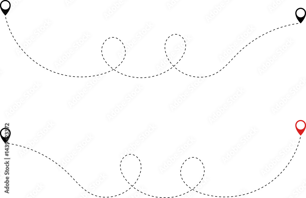 Route icon - two points with dotted path and location pin. Route location icon two pin sign and dotted line. Travel icon. Travel from start point and dotted line tracing. Route icon - two points with dotted path and location pin. Route location icon two pin sign and dotted line. Travel icon. Travel from start point and dotted line tracing.