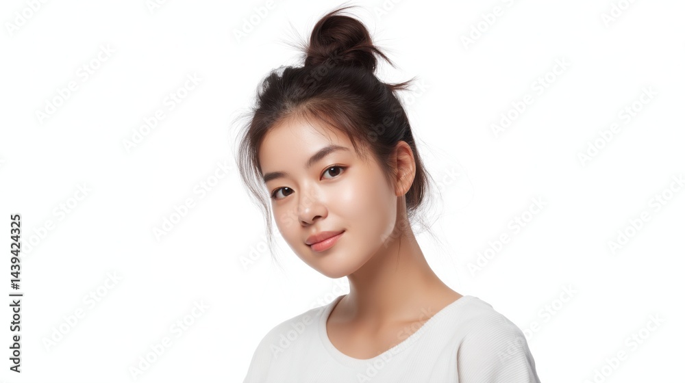 Young Asian woman with a casual hairstyle showcasing natural beauty in a light-colored sweater indoors during bright daylight.