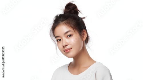 Obraz na płótnie Young Asian woman with a casual hairstyle showcasing natural beauty in a light-colored sweater indoors during bright daylight. w salonie
