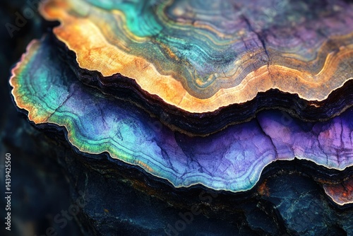 Vibrant, layered gemstone with iridescent hues of teal, purple, and gold, resembling a geological formation.