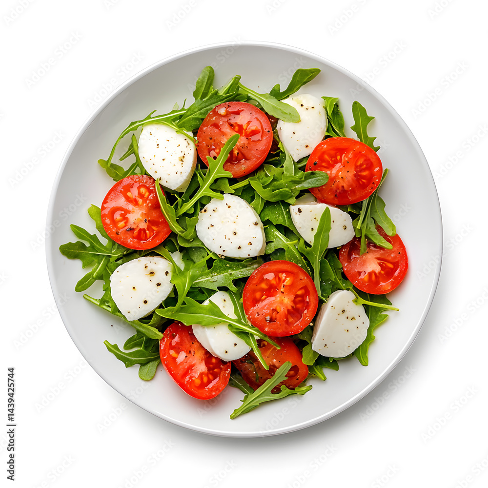 Product photo of caprese rocket salad, white background, top view