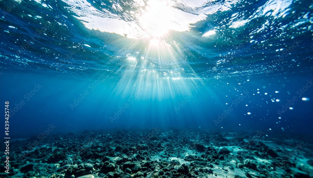 Fototapeta premium Underwater Ocean Scene Sunbeams Shining Through Water Surface Seabed