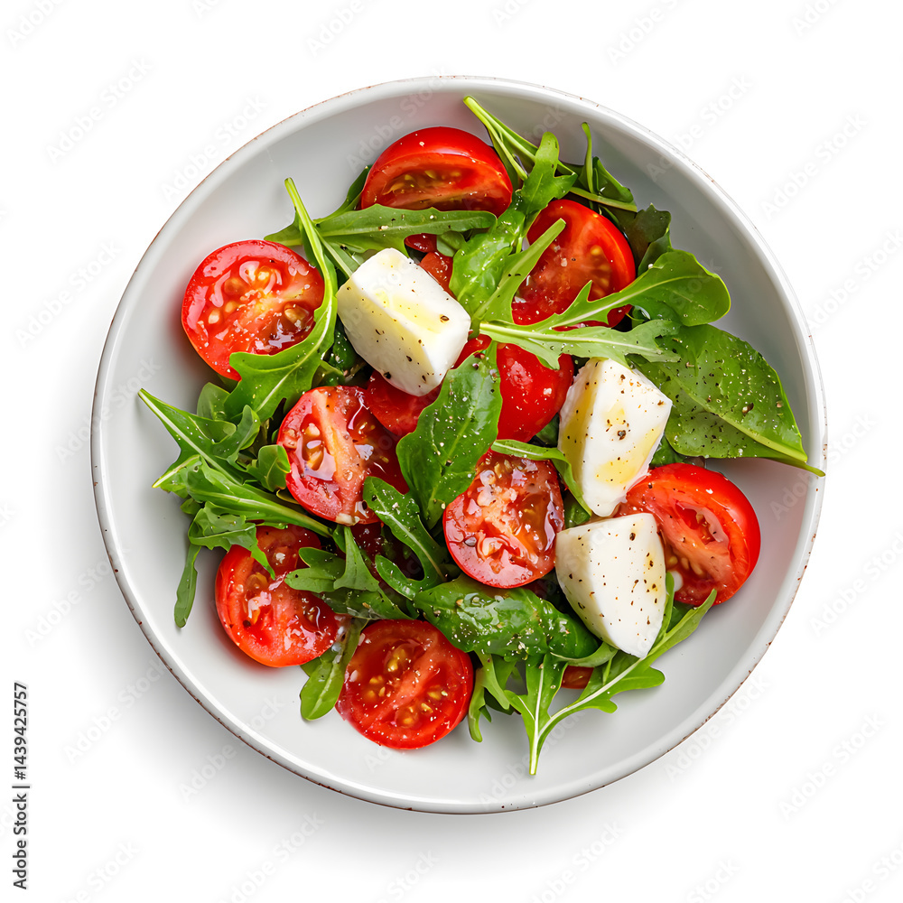 Product photo of caprese rocket salad, white background, top view