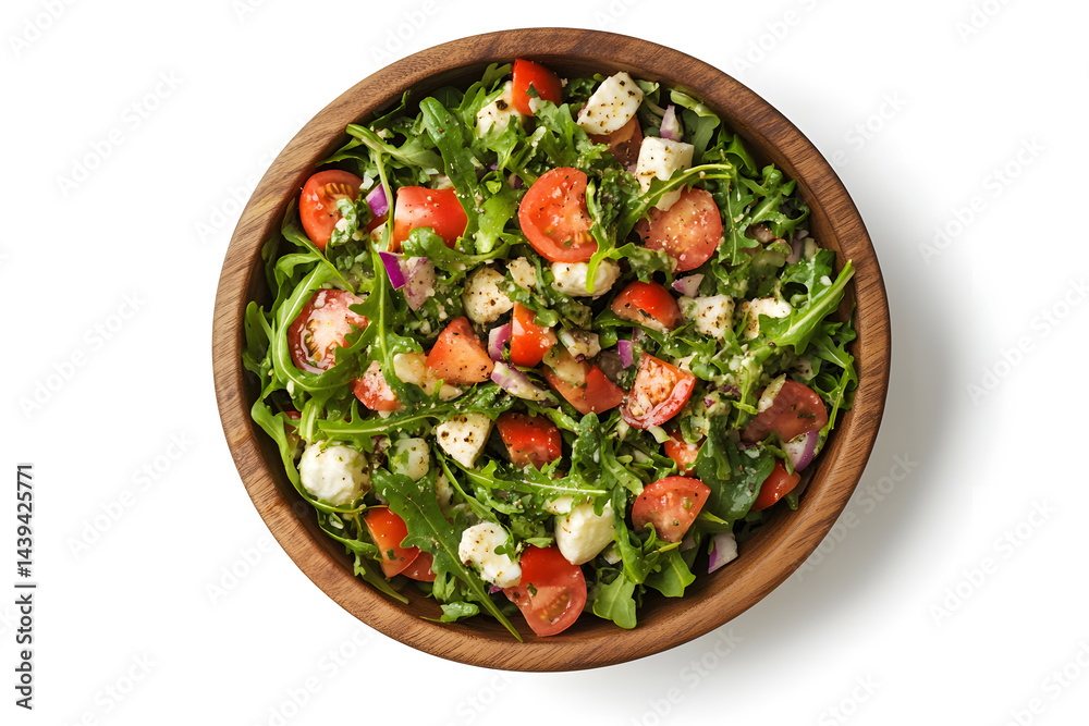 Product photo of caprese rocket salad, white background, top view