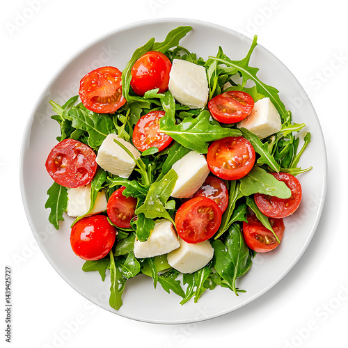 Product photo of caprese rocket salad, white background, top view