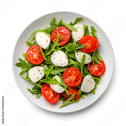 Product photo of caprese rocket salad, white background, top view
