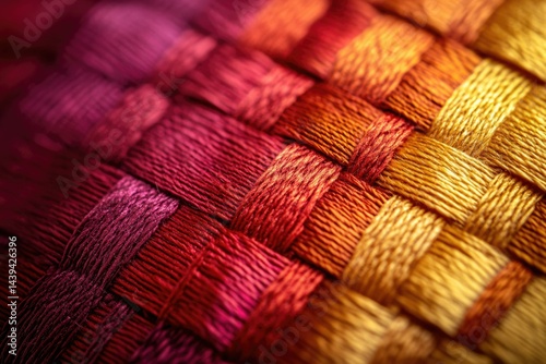 Close-up of interwoven threads in a gradient of warm colors, showcasing intricate texture and vibrant hues.