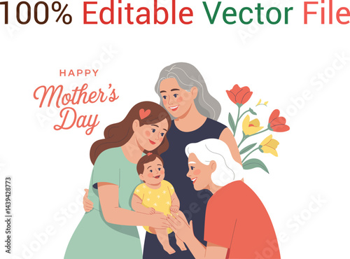 Mothers Day Illustration Multi Generational Family Grandmother Mother Child Baby Pastel Color Floral Minimalist Vector Art