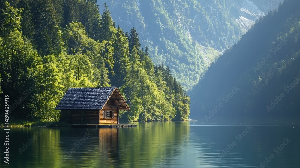 Fototapeta premium Wooden cabin on a serene lake nestled amongst lush mountains.