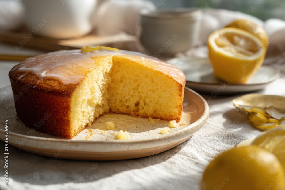 Lemon Cake with Icing, Slice Removed, on Plate with Lemons. Warm Light Photography, Cream Linen Lemon Cake with Icing, Slice Removed, on Plate with Lemons. Warm Light Photography, Cream Linen