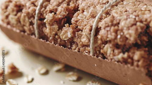 Close-up of a chocolate-covered granola bar with oats on a light background