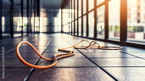 Long exercise rope laid out on a polished floor in a modern gym environment
